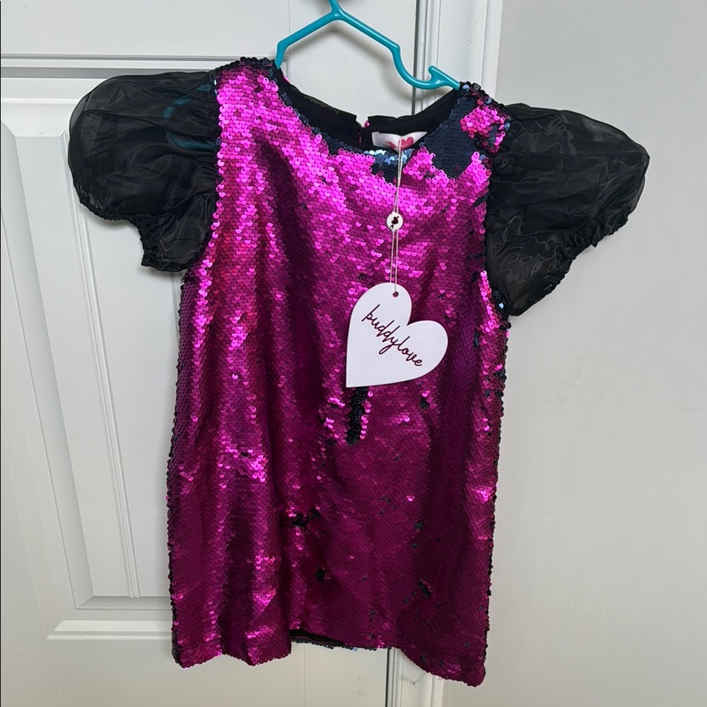 Buddy Love Girls Reversible Pink/Black Sequin Dress with Black Puff Sleeves 4T